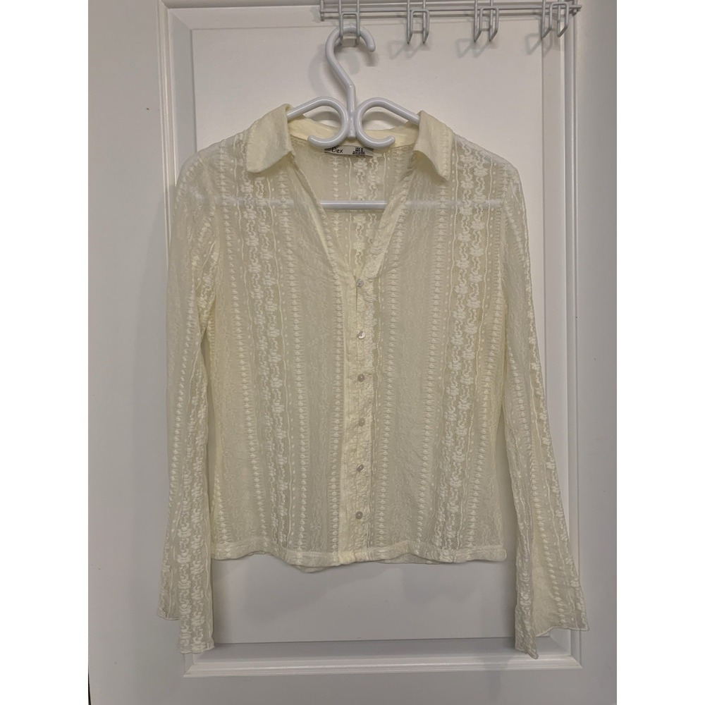 Dex Sheer Lace Button Up Shirt Medium Ivory Boho Beach Coastal Chic Festival